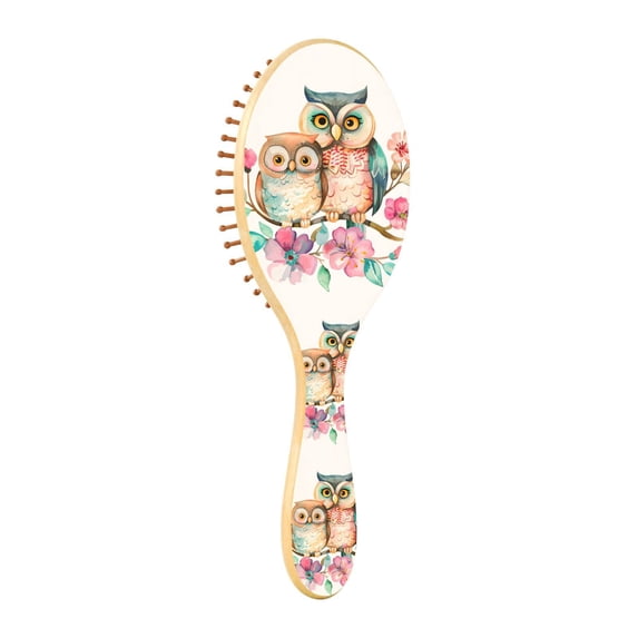 JSTEL Cute Owl Flowers Hair Brush for Women Men Natural Wood Detangler Brushes for All Hair Types Hairbrush for Wet & Dry