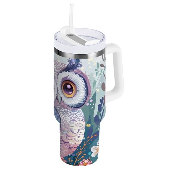 JSTEL Cute Owl Print Flowers 40 oz Tumbler Stainless Steel Water Bottle Vacuum Insulated Cup with Straw Lid & Handle For Travel Car Cup Holder