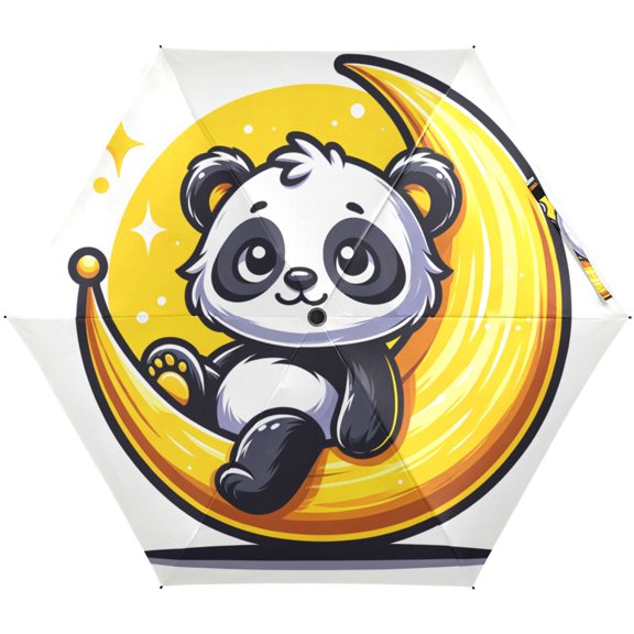 JSTEL Cute Panda Crescent Moon Folding Umbrella for Rain Sun Travel Mini Lightweight Compact Umbrellas