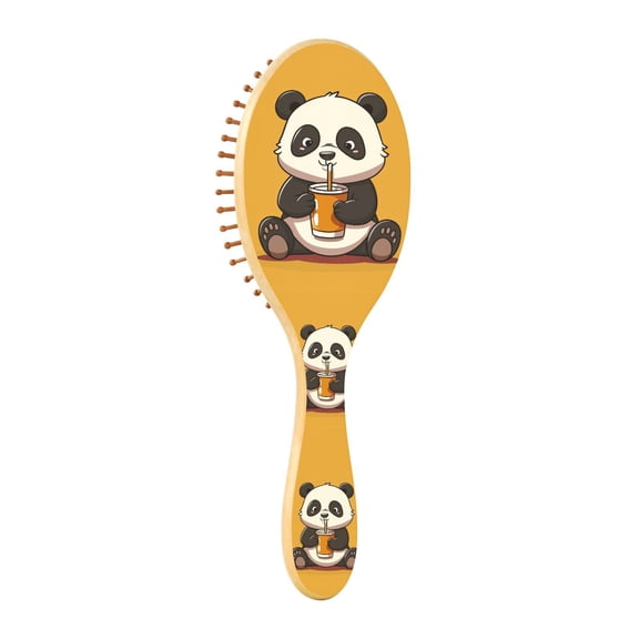JSTEL Cute Panda Drinking Cartoon Hair Brush for Women Men Natural Wood Detangler Brushes for All Hair Types Hairbrush for Wet & Dry