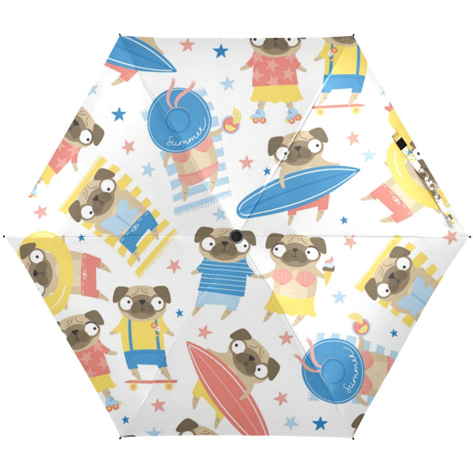 JSTEL Cute Pug Dog Beach Surfing Folding Umbrella for Rain Sun