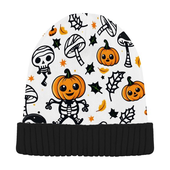 JSTEL Cute Pumpkin Skull Halloween Beanie for Women Men Winter Hat Reversible Skull Knit Cap