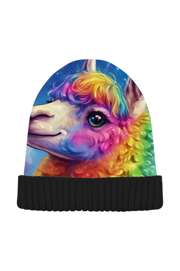 Cute Rainbow Llama Alpaca Beanie for Women Men Winter Hat Reversible Skull Knit Cap