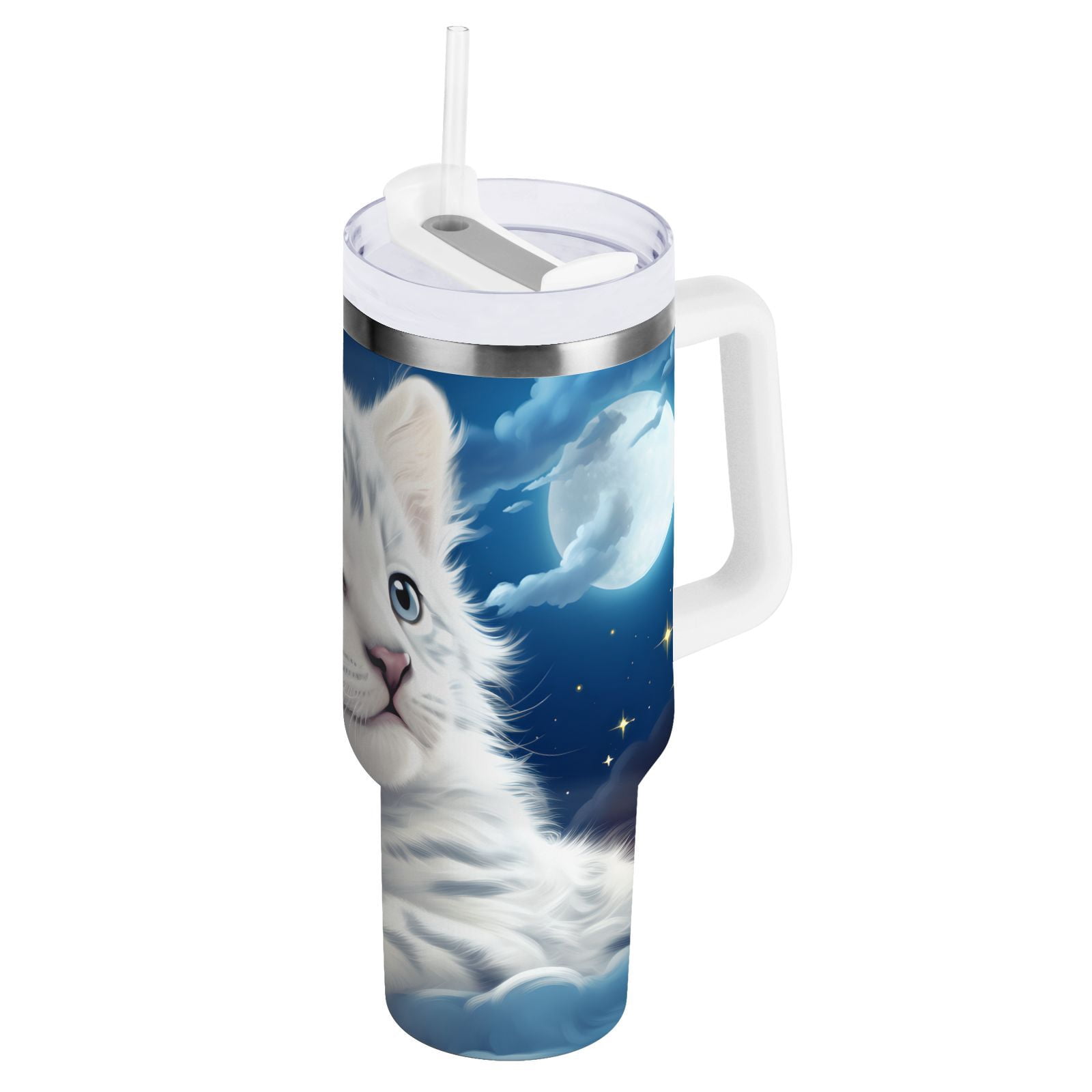 JSTEL Cute White Tiger Baby 30 oz Tumbler Stainless Steel Water Bottle Vacuum Insulated Cup with Straw Lid & Handle For Travel Car Cup Holder