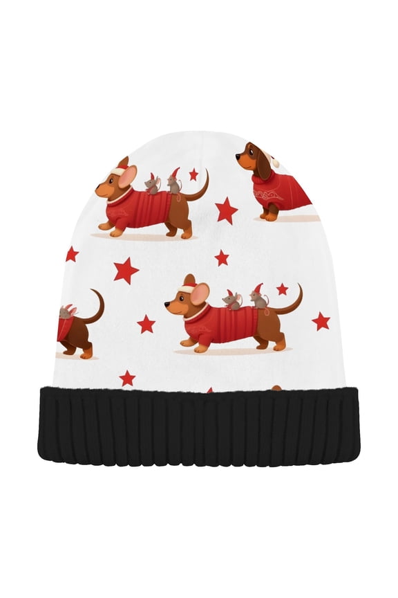 Dachshund Dog Star Christmas Beanie for Women Men Winter Hat Reversible Skull Knit Cap