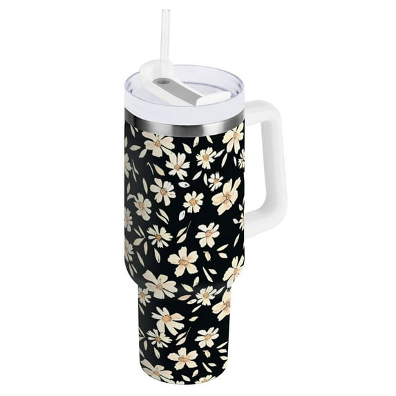 JSTEL Daisy Floral Flower 40 oz Tumbler Stainless Steel Water Bottle Vacuum Insulated Cup with Straw Lid & Handle For Travel Car Cup Holder