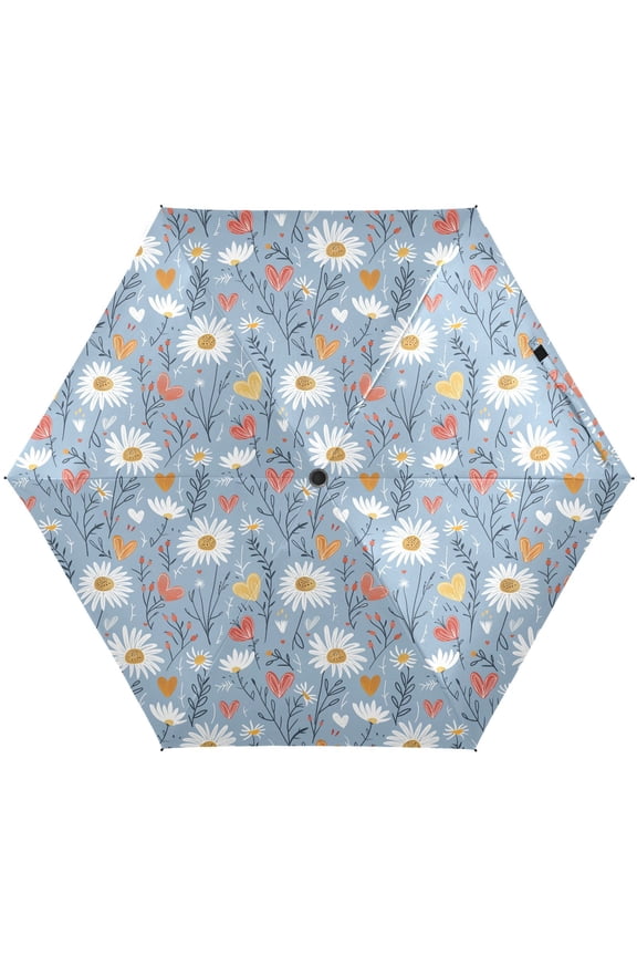 Daisy Flower Heart Folding Umbrella for Rain Sun Travel Mini Lightweight Compact Umbrellas