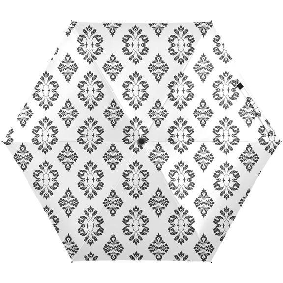 JSTEL Damask Floral Black Folding Umbrella for Rain Sun Travel Mini Lightweight Compact Umbrellas