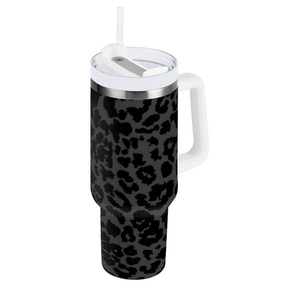 JSTEL Dark Gray Cheetah Leopard Print 40 oz Tumbler Stainless Steel Water Bottle Vacuum Insulated Cup with Straw Lid & Handle For Travel Car Cup Holder