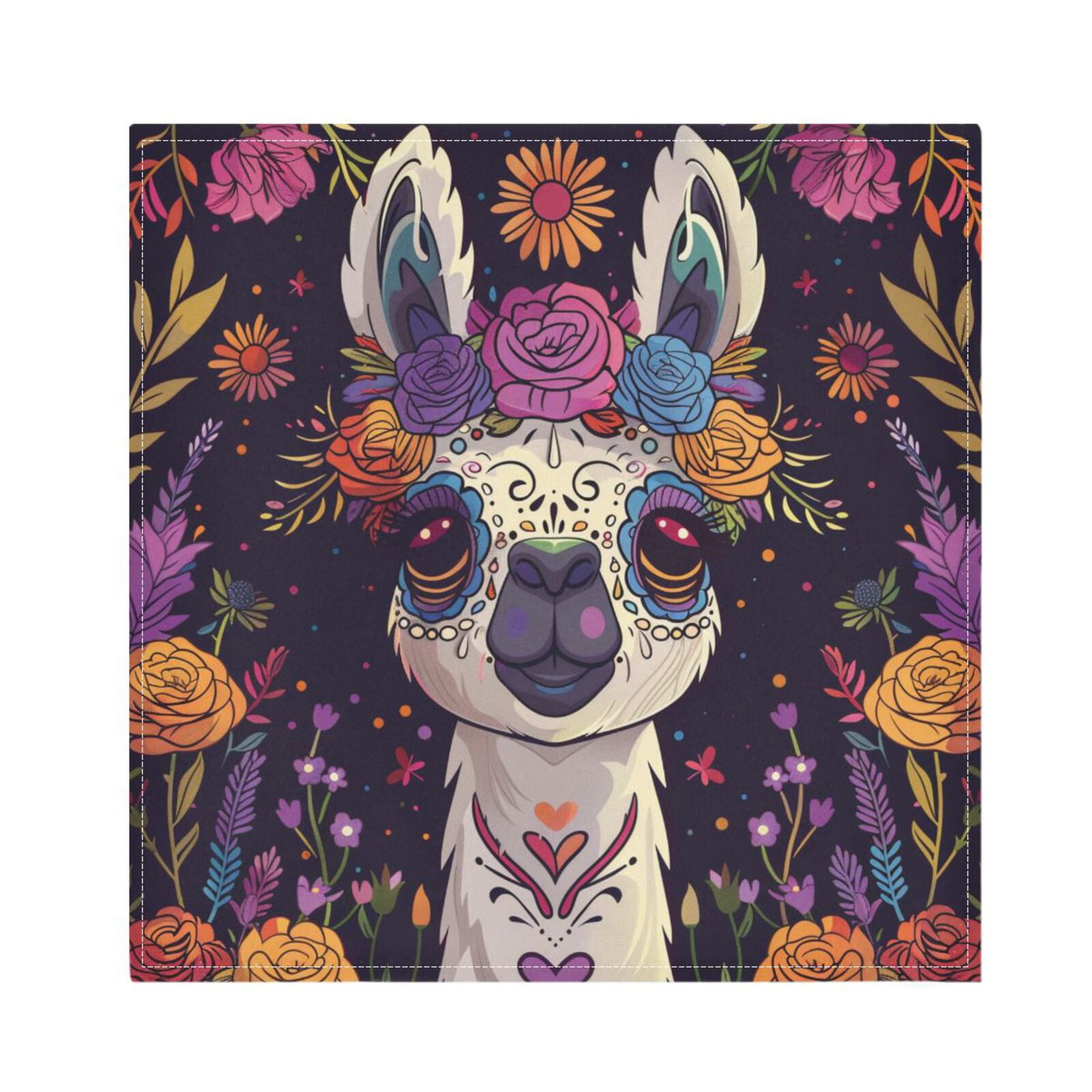 JSTEL Day Of The Dead Llama Alpaca Cloth Napkins Set of 6, 20x20 Inch Washable and Reusable Napkin for Decoupage Dinner Party Everyday Use