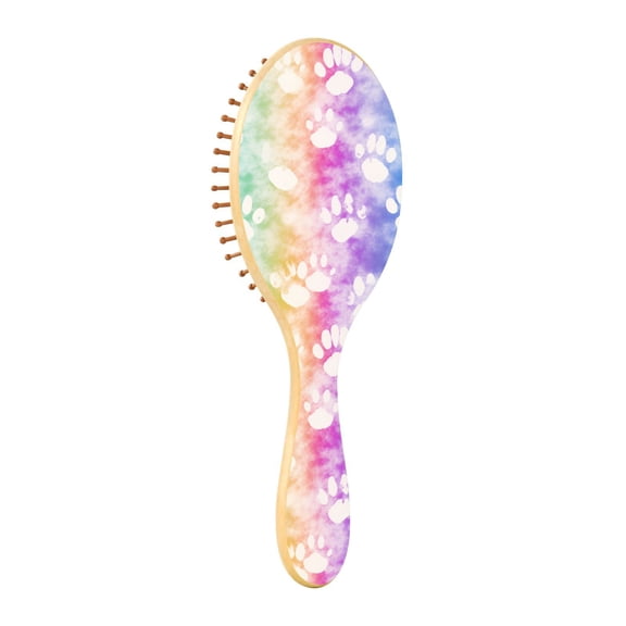 JSTEL Dog Paw Prints Rainbow Tie Dye Hair Brush for Women Men Natural Wood Detangler Brushes for All Hair Types Hairbrush for Wet & Dry