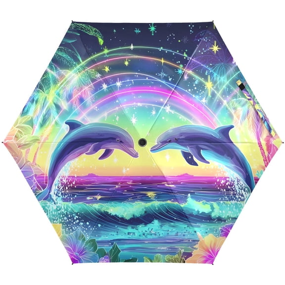 JSTEL Dolphin Tropical Summer Folding Umbrella for Rain Sun Travel Mini Lightweight Compact Umbrellas