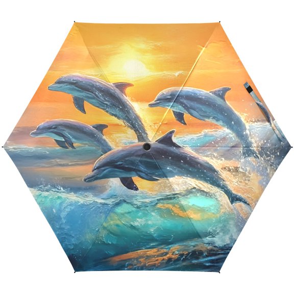 JSTEL Dolphins Surfing Folding Umbrella for Rain Sun Travel Mini Lightweight Compact Umbrellas