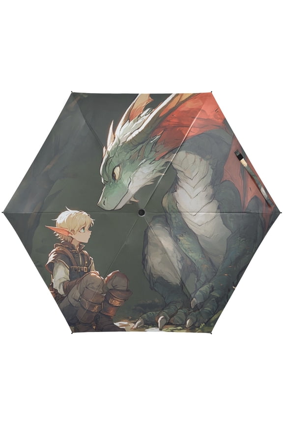 Dragon and Elf Amine Folding Umbrella for Rain Sun Travel Mini Lightweight Compact Umbrellas