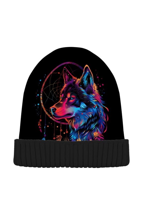 Dreamcatcher Wolf Rainbow Color Beanie for Women Men Winter Hat Reversible Skull Knit Cap