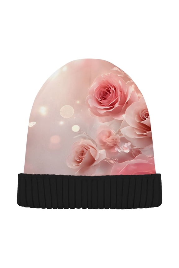 Dreamy Pink Rose Flower Beanie for Women Men Winter Hat Reversible Skull Knit Cap