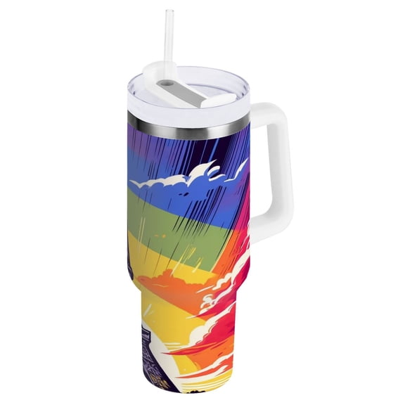 JSTEL Eiffel Tower Sunset Rainbow 30 oz Tumbler Stainless Steel Water Bottle Vacuum Insulated Cup with Straw Lid & Handle For Travel Car Cup Holder