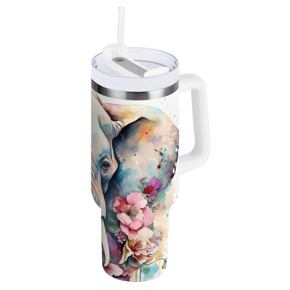 JSTEL Elephant Flowers 30 oz Tumbler Stainless Steel Water Bottle Vacuum Insulated Cup with Straw Lid & Handle For Travel Car Cup Holder