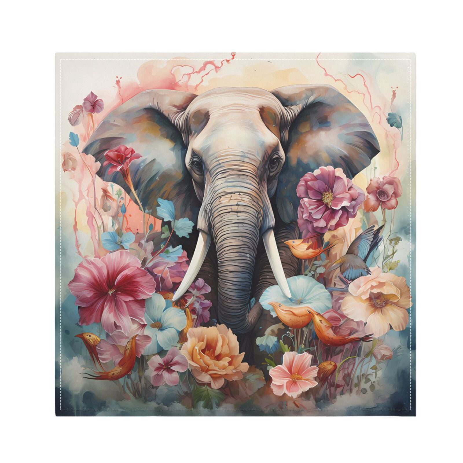 JSTEL Elephant Flowers Waterdolor Cloth Napkins Set of 6, 20x20 Inch Washable and Reusable Napkin for Decoupage Dinner Party Everyday Use