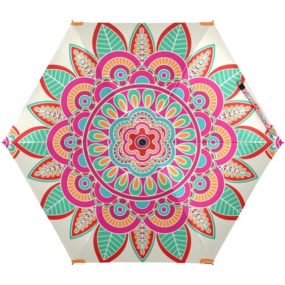 JSTEL Ethnic Boho Hippie Bohemian Folding Umbrella for Rain Sun Travel Mini Lightweight Compact Umbrellas