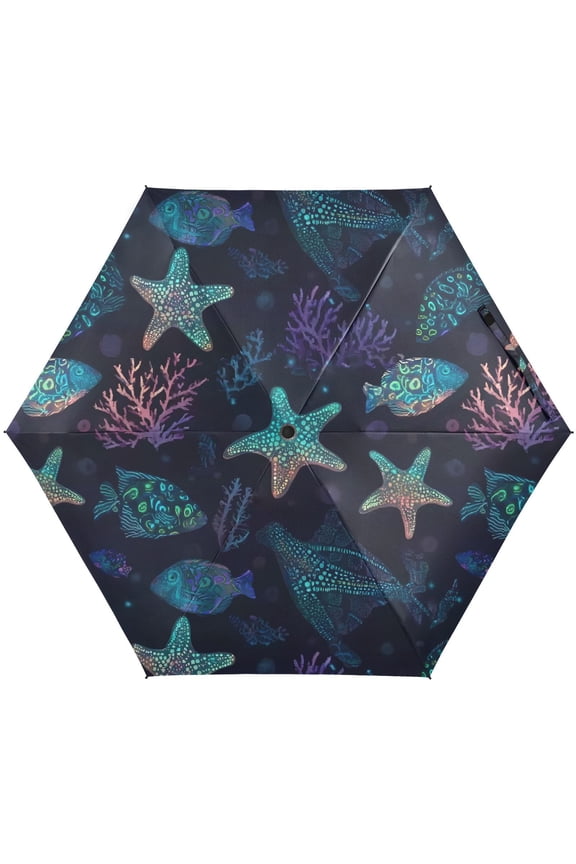 Fluorescent Starfish Coral Folding Umbrella for Rain Sun Travel Mini Lightweight Compact Umbrellas
