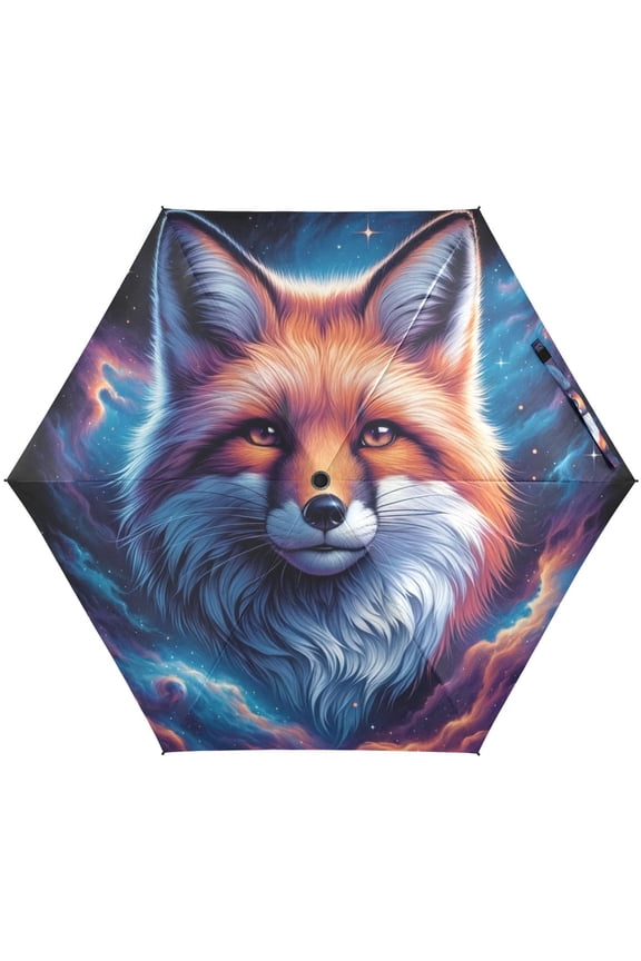 Fox Head in Nebula Folding Umbrella for Rain Sun Travel Mini Lightweight Compact Umbrellas