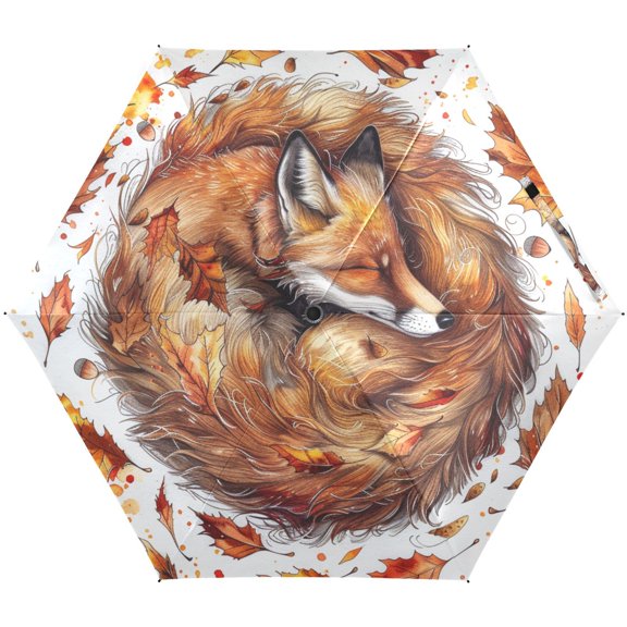JSTEL Fox Maple Leaves Watercolor Folding Umbrella for Rain Sun Travel Mini Lightweight Compact Umbrellas