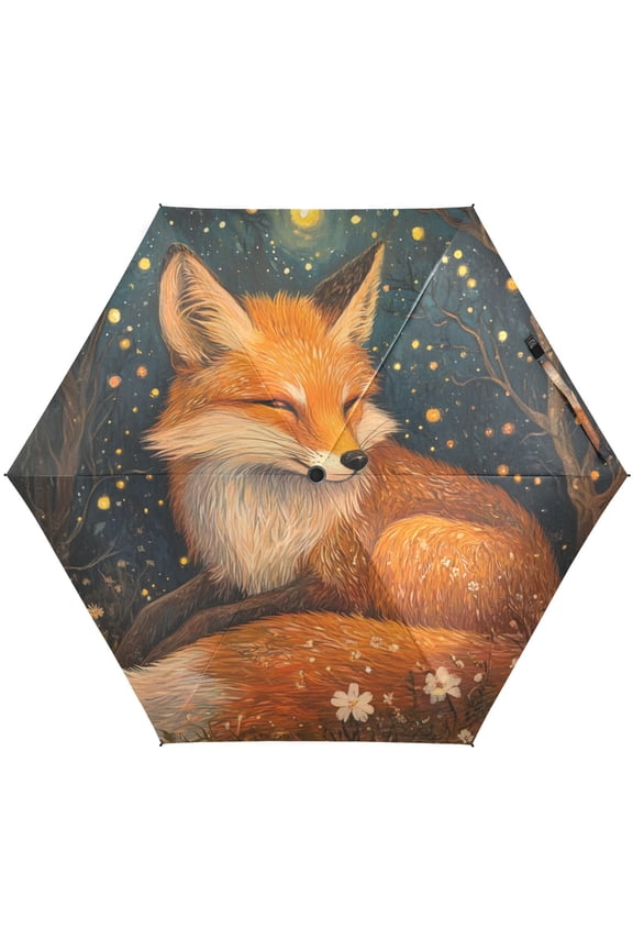 Fox Starry Forest Folding Umbrella for Rain Sun Travel Mini Lightweight Compact Umbrellas
