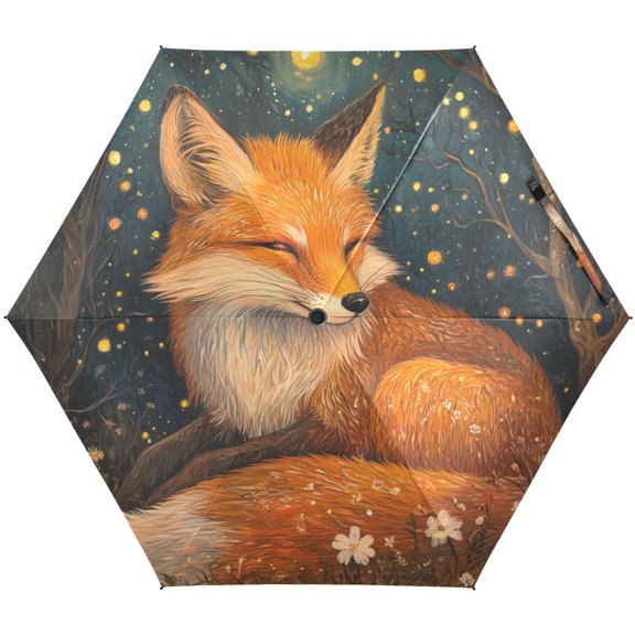 JSTEL Fox Starry Forest Folding Umbrella for Rain Sun Travel Mini Lightweight Compact Umbrellas