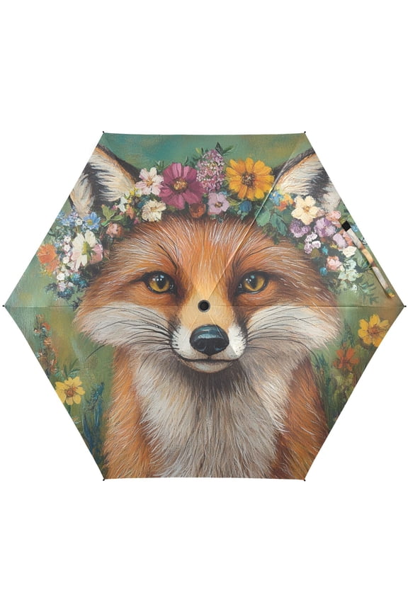 Fox with Flower Wreath Folding Umbrella for Rain Sun Travel Mini Lightweight Compact Umbrellas
