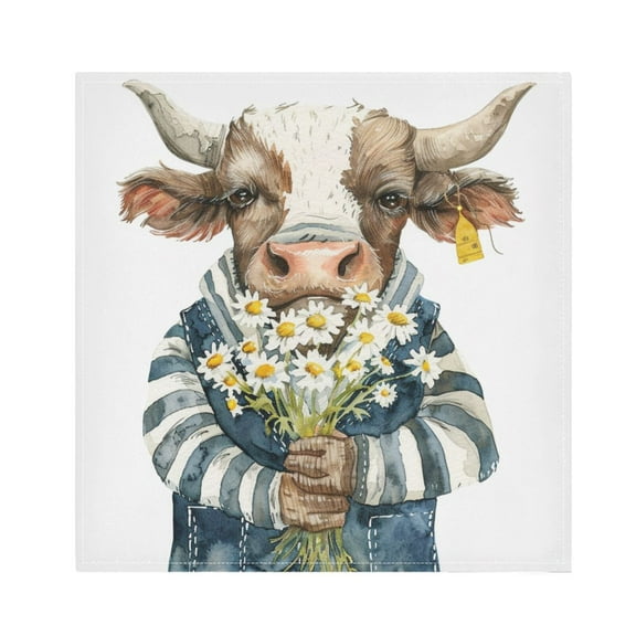 JSTEL Fun Bull Daisy Flower Cloth Napkins Set of 4, 20x20 Inch Washable and Reusable Napkin for Decoupage Dinner Party Everyday Use