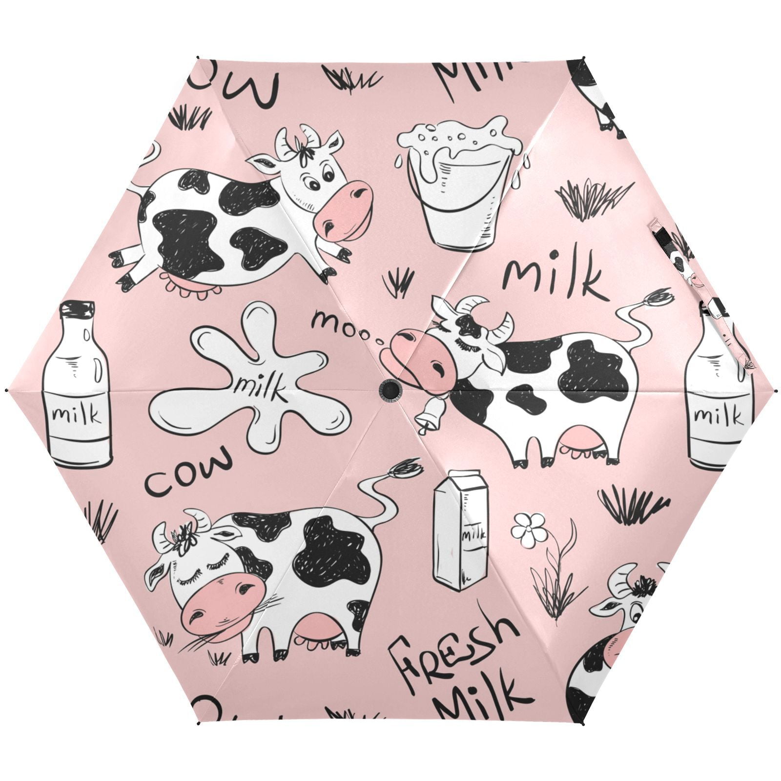 Pink Cartoon Cow Pattern Print Foldable Umbrella