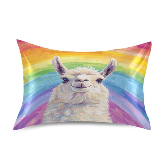 JSTEL Funny Llama Alpaca Rainbow Satin Pillowcase Queen Size Pillow Cases Envelope Closure Bed Pillow Cover, 20 x 30 inch