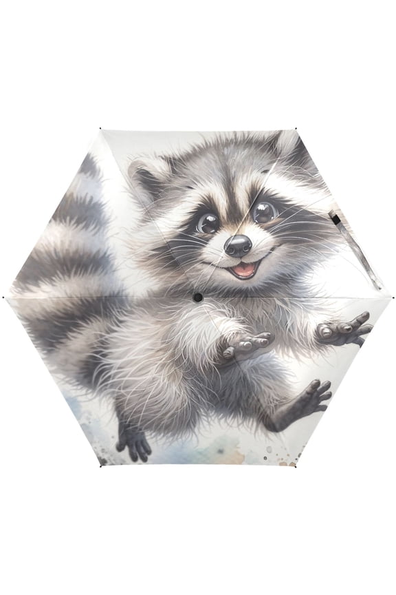 Funny Raccoon Animal Folding Umbrella for Rain Sun Travel Mini Lightweight Compact Umbrellas