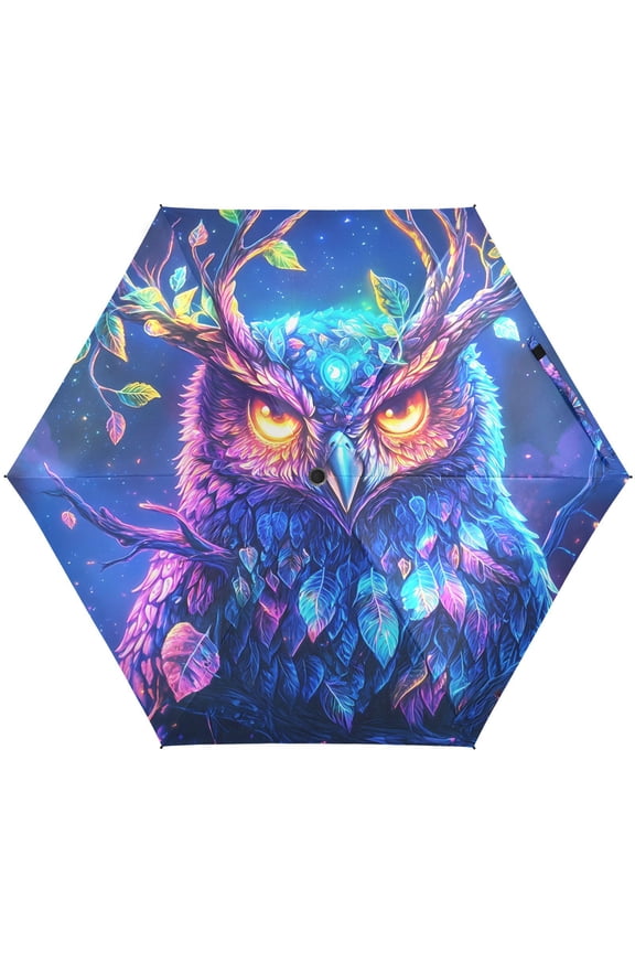 Glowing Owl Magical Folding Umbrella for Rain Sun Travel Mini Lightweight Compact Umbrellas