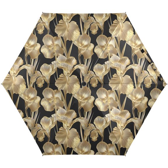 JSTEL Gold Iris Flower Floral Folding Umbrella for Rain Sun Travel Mini Lightweight Compact Umbrellas
