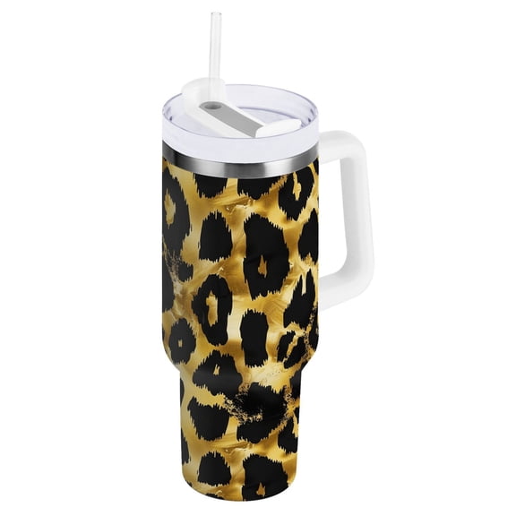 JSTEL Gold Leopard Print Cheetan 30 oz Tumbler Stainless Steel Water Bottle Vacuum Insulated Cup with Straw Lid & Handle For Travel Car Cup Holder