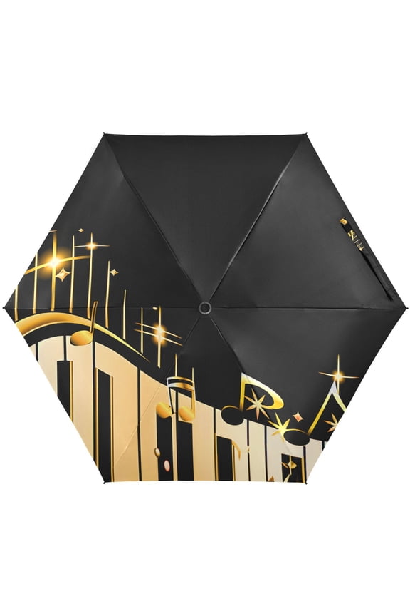 Gold Music Notes Piano Keys Folding Umbrella for Rain Sun Travel Mini Lightweight Compact Umbrellas
