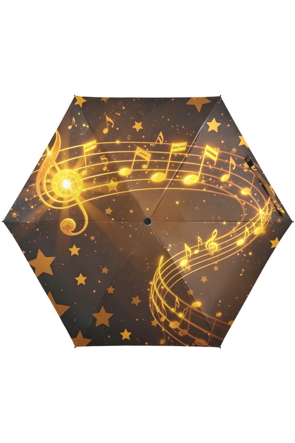 Gold Music Notes Stars Folding Umbrella for Rain Sun Travel Mini Lightweight Compact Umbrellas
