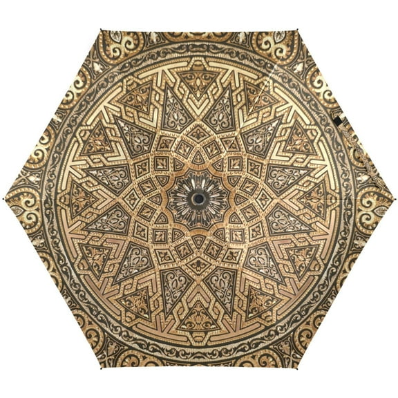 JSTEL Golden Mandala Ethnic Arabic Folding Umbrella for Rain Sun Travel Mini Lightweight Compact Umbrellas