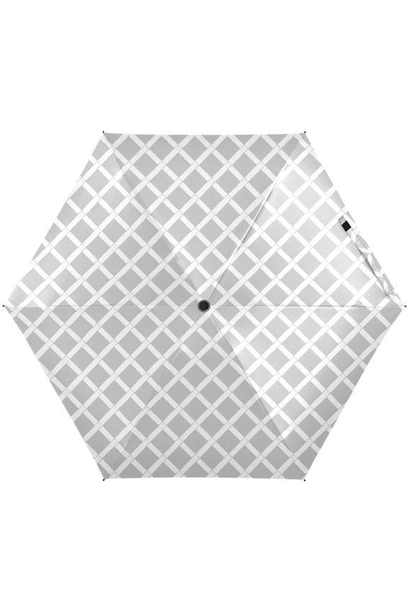 Gray & White Grid Folding Umbrella for Rain Sun Travel Mini Lightweight Compact Umbrellas