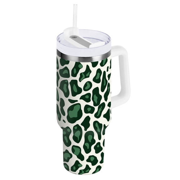 JSTEL Green Leopard Print 40 oz Tumbler Stainless Steel Water Bottle Vacuum Insulated Cup with Straw Lid & Handle For Travel Car Cup Holder