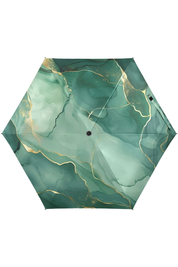 Green Marble W/ Gold Line Folding Umbrella for Rain Sun Travel Mini Lightweight Compact Umbrellas