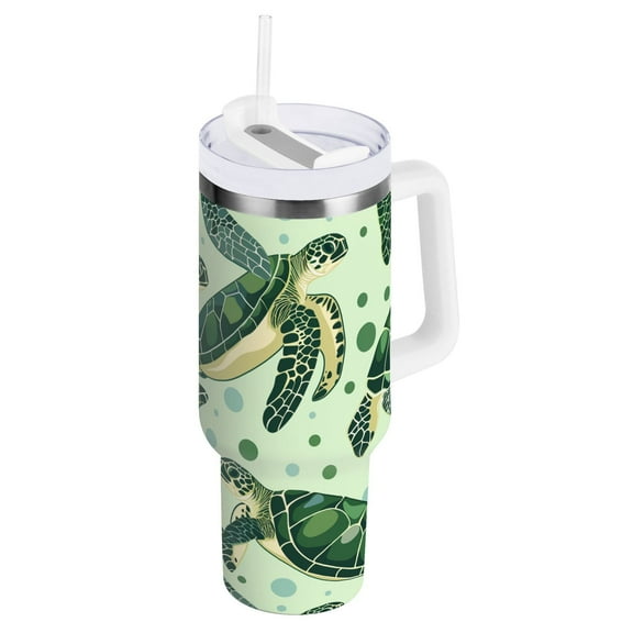 JSTEL Green Sea Turtle Bubble 40 oz Tumbler Stainless Steel Water Bottle Vacuum Insulated Cup with Straw Lid & Handle For Travel Car Cup Holder