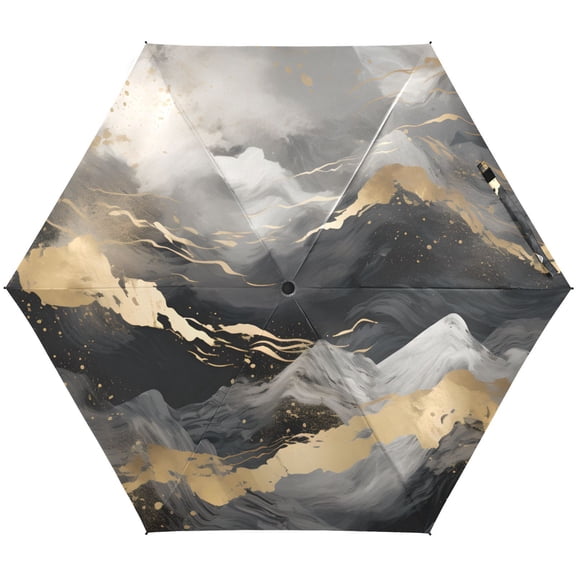 JSTEL Grey & Gold Marble Painting Folding Umbrella for Rain Sun Travel Mini Lightweight Compact Umbrellas