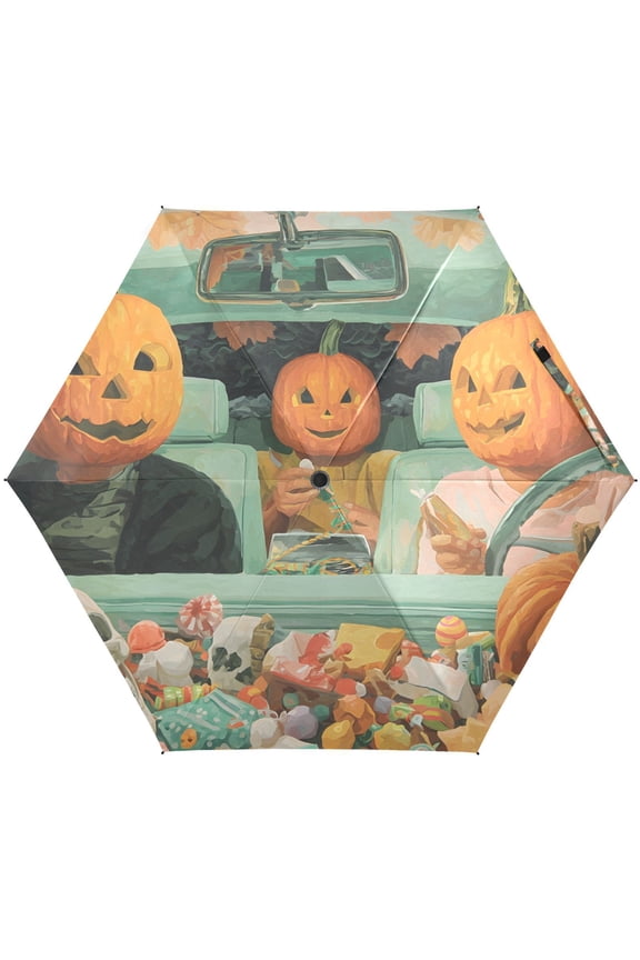 Halloween Pumpkinhead Driving Funny Folding Umbrella for Rain Sun Travel Mini Lightweight Compact Umbrellas