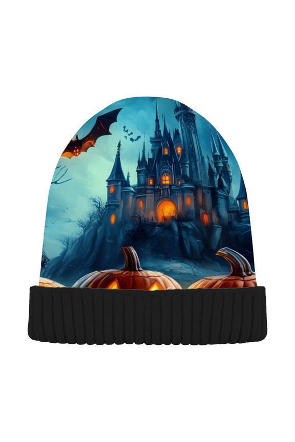 Halloween Pumpkins Castle Beanie for Women Men Winter Hat Reversible Skull Knit Cap