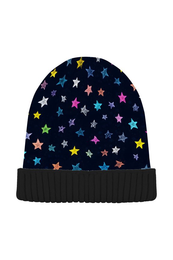 Hand Drawn Star Pattern Beanie for Women Men Winter Hat Reversible Skull Knit Cap