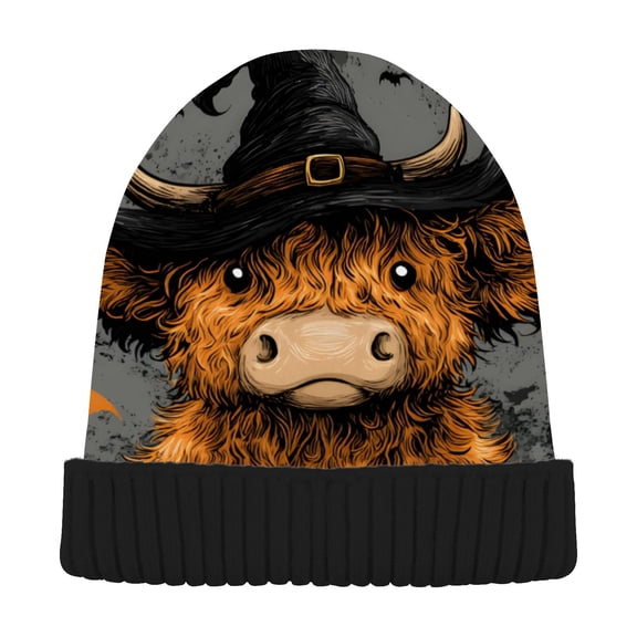 JSTEL Highland Bull Bat Halloween Beanie for Women Men Winter Hat Reversible Skull Knit Cap