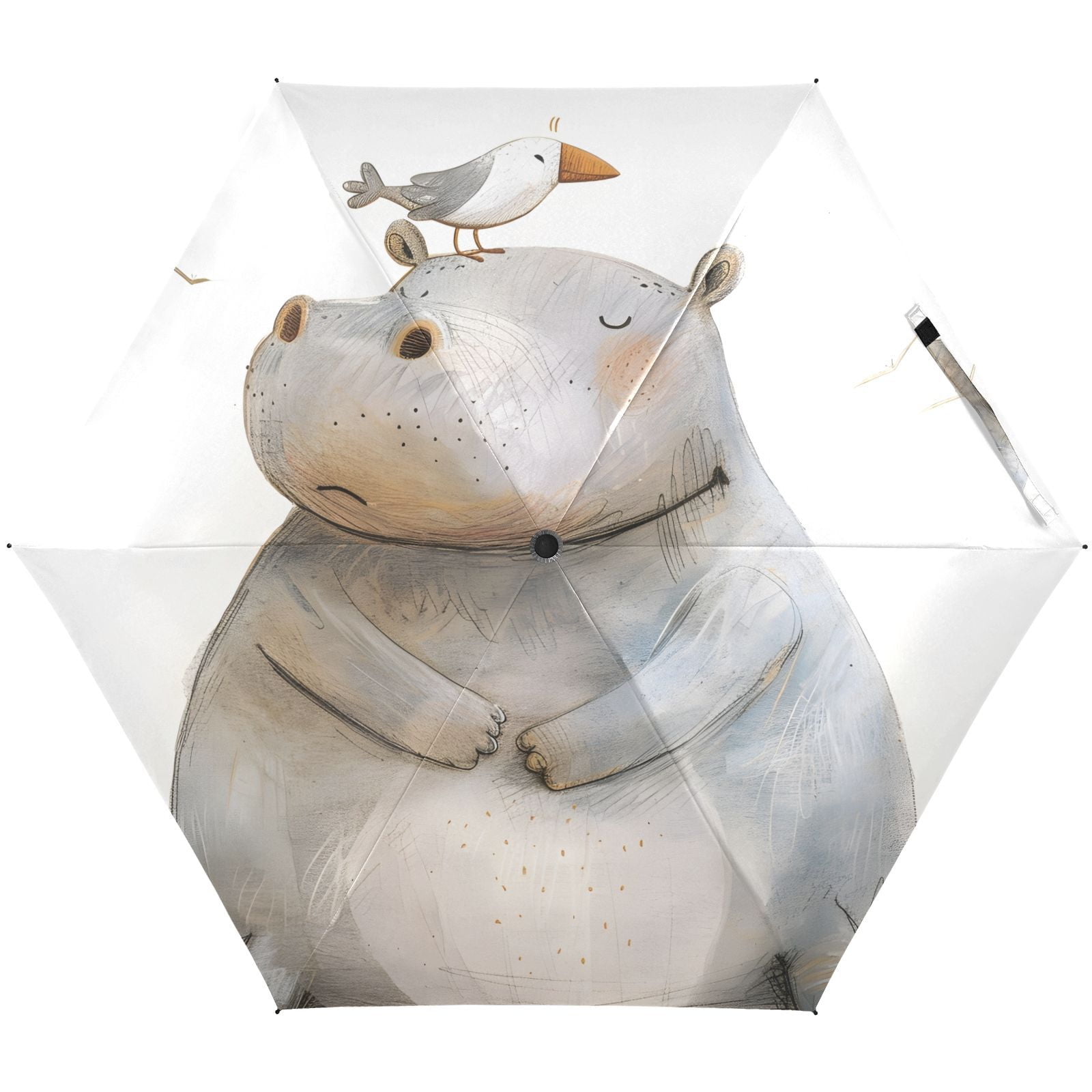 JSTEL Hippo Hippopotamus and Bird Folding Umbrella for Rain Sun Travel Mini Lightweight Compact Umbrellas